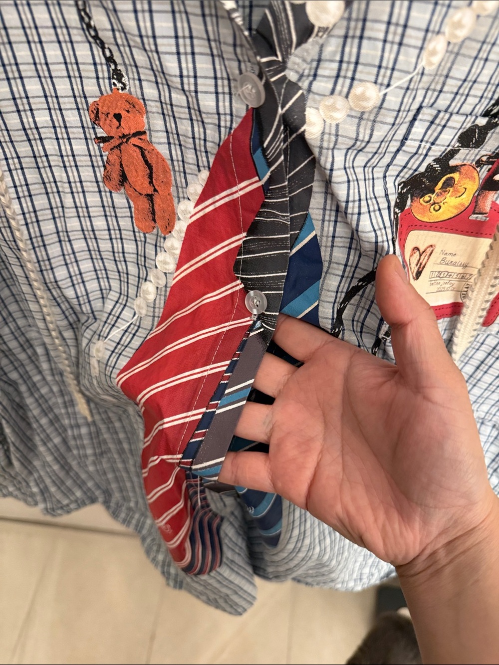 Plaid Hooded Button-Up Shirt with Red & Blue Tie Accents - Picture 4 of 4